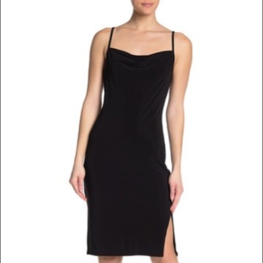 Black cowl neck dress with slit